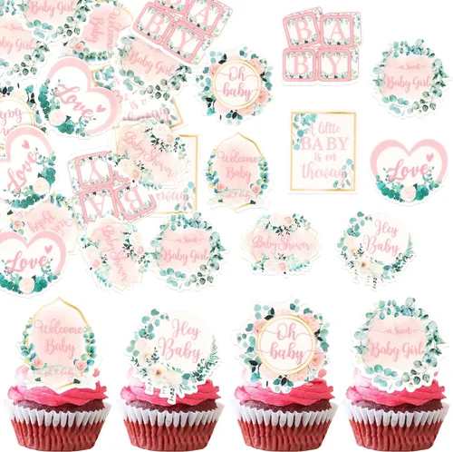 Miniatura 13 de Paquete de 24 adornos para cupcakes para niños o niñas, con purpurina rosa y azul, palillos para cupcakes de baby shower, corbatín, mameluco, mono
