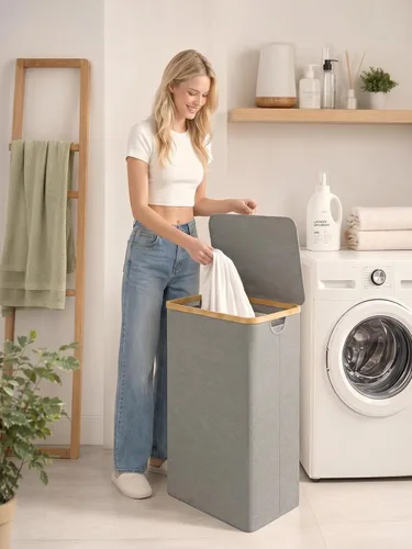 Miniatura 7 de iEGrow Cesto para la ropa sucia con tapa, cesta grande para la ropa sucia de 110 litros con asa y tapa, organizador de ropa plegable con bolsa Gris