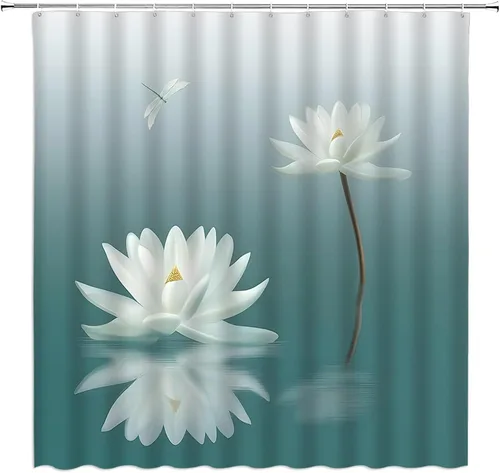 Miniatura 2 de Cortina de ducha de loto blanco, libélula verde azulado, azul, lirio de agua, floral, estilo japonés, relajante, naturaleza, decoración de baño