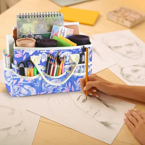 Miniatura 6 de Bolsa de mano organizadora de manualidades con múltiples bolsillos, gran caddy de almacenamiento de arte con asas para arte, manualidades, costura