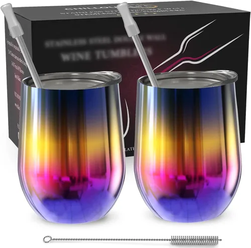 Miniatura 52 de CHILLOUT LIFE Vasos Térmicos de Vino de Acero Inoxidable de 12 oz Paquete de 2 - Vasos de Vino con Aislamiento al Vacío de Doble Pared con Tapas