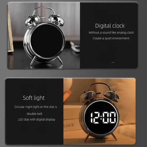 Miniatura 3 de Pequeño reloj despertador electrónico LED de doble campana, reloj despertador de metal ruidoso para dormir pesado, reloj despertador digital