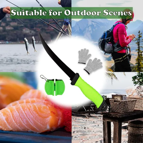 Miniatura 2 de Cuchillo de filete, cuchillo de filete profesional de 7 pulgadas para pescado, cuchillos de pesca con hoja de acero inoxidable con afilador y Verde