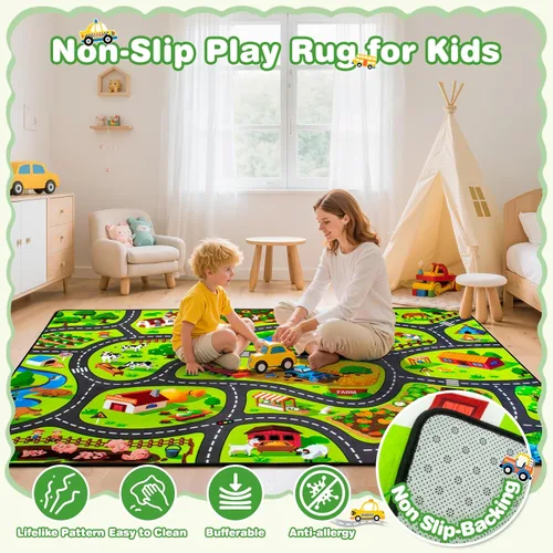 Miniatura 2 de Alfombra de juego de granja para niños, 3 x 5 pies, alfombra de juego de actividades Happy Farm, extra gruesa (0.4 pulgadas), alfombras 3-Alfombra