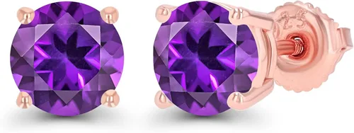 Miniatura 2 de Aretes de tuerca solitario de plata de ley 925 chapados en oro de 14 quilates, hipoalergénicos, 0.236in, piedra natal auténtica, con rosca, Metal