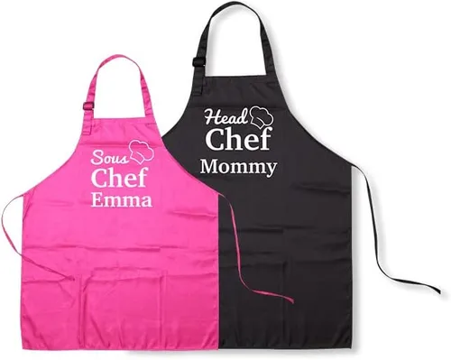 Miniatura 7 de Paquete de 2 delantales personalizados para padres e hijos, delantales ajustables con foto con nombre personalizado para cocina, cocina, hornear