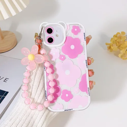 Miniatura 3 de NITITOP Funda compatible con iPhone 11, lente de cámara transparente con diseño de oso floral y cadena de pulsera de flores para mujeres y niñas