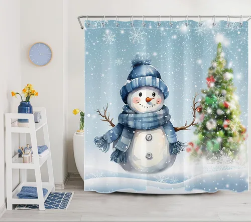 Miniatura 3 de EOBTAIN Cortina de ducha de muñeco de nieve azul de invierno para baño, árbol de Navidad y copo de nieve en la escena de la nieve, cortina de ducha