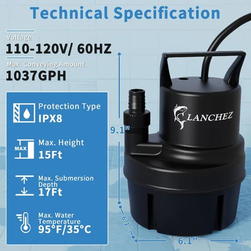 Miniatura 4 de LANCHEZ Bomba de sumidero 1/6 HP 1037 GPH Bomba de agua sumergible termoplástica portátil bomba de baja succión para piscina, jardín, estanque