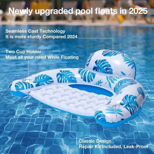 Miniatura 3 de Flotadores de piscina para adultos [2025 Nuevo Actualizado] - Sillas Flotantes Inflables, Flotadores de Piscina con Soportes para Tazas, 2 Parches
