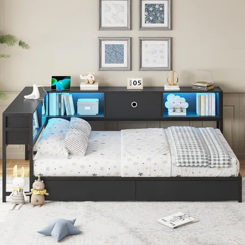 Miniatura 2 de DICTAC Marco de cama esquinero con 2 cajones de almacenamiento y cabecero de estantería individual XL, marco de cama de plataforma de metal con Negro
