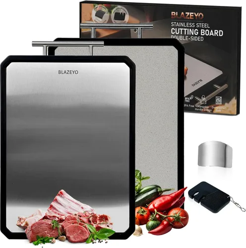 Miniatura 9 de Tabla de cortar de acero inoxidable, resistente y grande de 16 x 11 pulgadas, tabla de cortar de doble cara 2 en 1 para cocina, paja de trigo