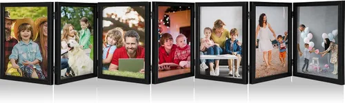 Miniatura 8 de Sintuff Portarretratos plegables de 4 x 6 pulgadas, 7 marcos de fotos plegables con bisagras de alta definición, soportes de collage de madera Negro