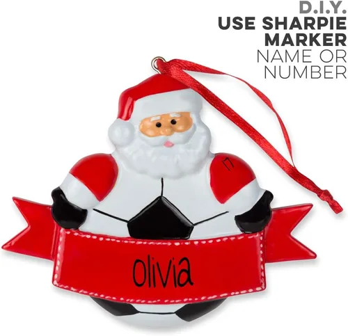 Miniatura 3 de ChalkTalkSPORTS Adorno navideño de resina de Papá Noel de fútbol Adornos de fútbol, Rojo