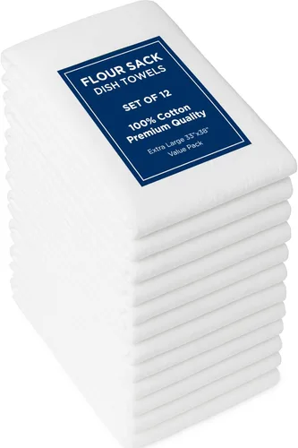 ROYALE LINENS Paquete de 12 toallas de cocina blancas de 33 x 38 pulgadas, 100 % algodón, a prueba de pan, colado de queso, hornear, limpieza, Blanco