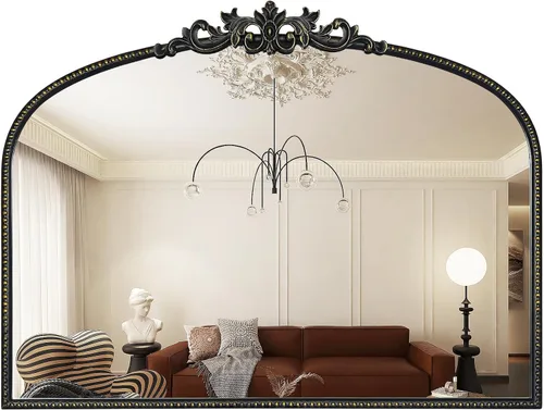 WallBeyond Espejo vintage negro para tocador de 32x24 pulgadas, espejo negro antiguo con marco ornamentado, pared vintage arqueada para baño, sala