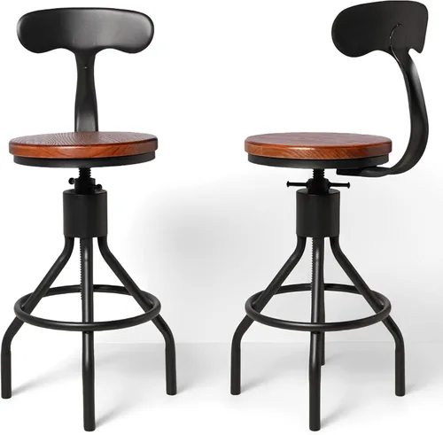 Juego de 2 taburetes de bar industriales con respaldo de 23 a 33 pulgadas, asiento giratorio de madera, isla de cocina, comedor, taburete de