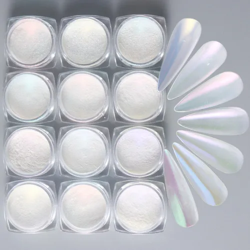 Miniatura 4 de WOKOTO Polvo de uñas de cromo perla blanca para arte de uñas, efecto espejo holográfico Aurora, polvo cromado, concha iridiscente, pigmento de arte