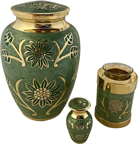 Miniatura 2 de Green Garden - Urna de cremación grande de latón Urna funeraria de latón única con detalles de esmalte dorado y verde Grande