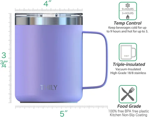 Miniatura 4 de THILY Taza de café aislada de acero inoxidable de 12 onzas, taza de viaje con triple aislamiento con asa y tapa a prueba de derrames, mantiene