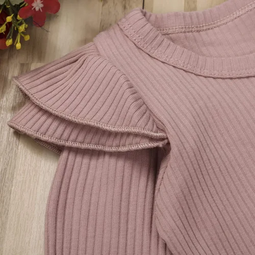 Miniatura 4 de Ropa para bebé y niña, acanalado, con volantes, manga larga, mameluco, pantalones acampanados, color sólido, otoño, invierno, trajes de 2 piezas