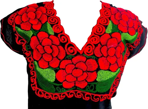 Miniatura 3 de Casa Fiesta Designs Blusa mexicana floral - Auténtica blusa bordada de Chiapas, hecha a mano, color negro con flores rojas, Negro