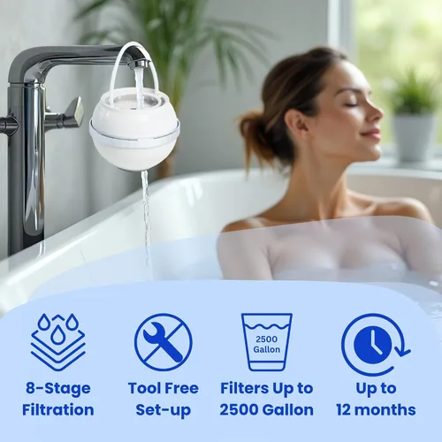 Miniatura 3 de Filtro de baño para grifo de bañera: dura hasta 12 meses, elimina el cloro y el fluoruro, suaviza el agua para una piel, cabello y uñas más