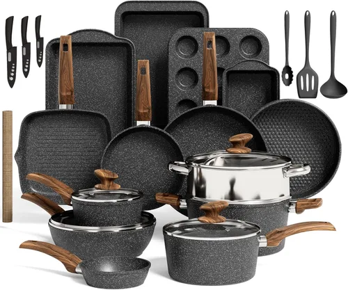 Miniatura 10 de Kitchen Academy Juego de utensilios de cocina de inducción de 17 piezas con plancha, ollas y sartenes de granito verde antiadherentes, juego
