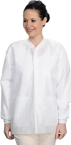 Miniatura 63 de Paquete de 10 chaquetas desechables de laboratorio, chaqueta médica reutilizable hasta la cadera, unisex, con puños de punto y bolsillos