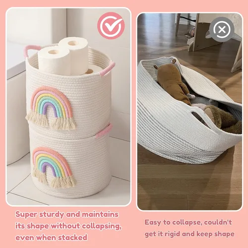 Miniatura 7 de Cestas de almacenamiento de juguetes cesta de almacenamiento de cuerda de algodón tejida con decoración de arco iris para niños, cestas de manta