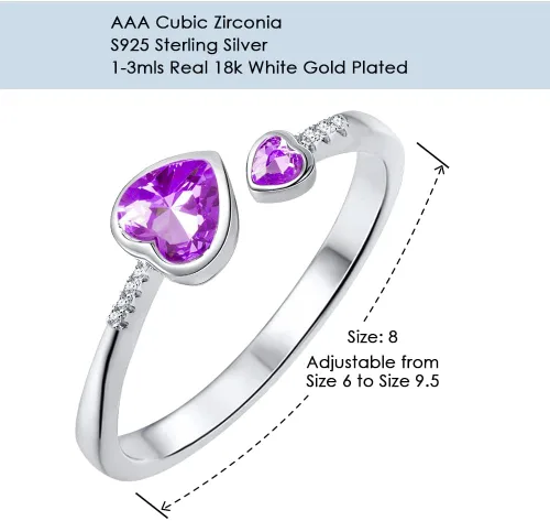 Miniatura 3 de LANE WOODS Anillos de piedra natal para mujer, plata de ley 925, doble corazón, abierto, anillo de banda ajustable