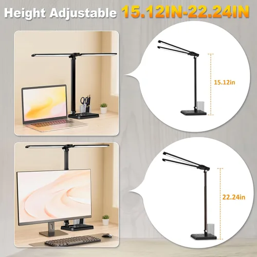 Miniatura 3 de CHARYJOD Lámpara de escritorio LED retráctil regulable con puerto de carga USB, 50 modos de iluminación, brazo doble oscilante, arquitecto, lámpara