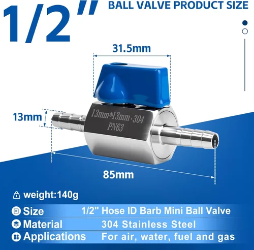 Miniatura 2 de Paquete de 2 mini válvulas de bola de acero inoxidable 304 con púas de identificación de manguera de 1/2 pulgada, kit de abrazaderas para agua
