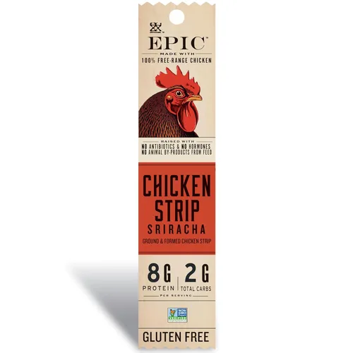 EPIC Tira de pollo, sriracha, apto para dietas cetogénicas, sin gluten, aperitivos proteicos, 0.8 onzas