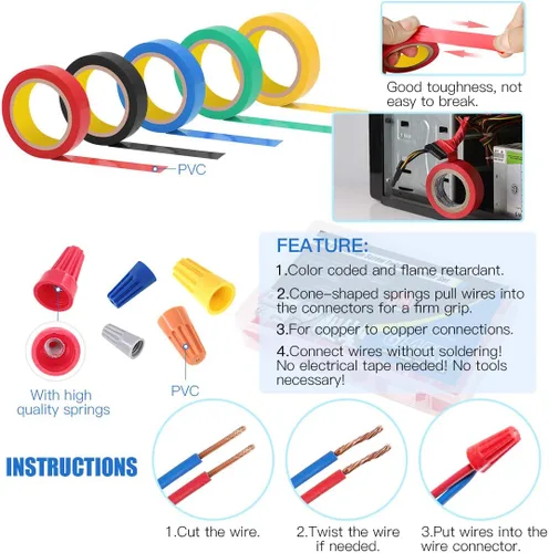 Miniatura 6 de Glarks Pelacables multifunción de 8 pulgadas, 10-22 AWG y 175 tuercas giratorias, conectores de cable eléctrico, terminales de tornillo con 5 piezas
