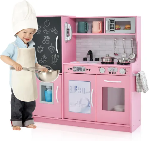 Miniatura 14 de Juego de cocina, juguete de cocina de madera para niños con microondas, nevera, horno fácil de hornear, pizarra y máquina de hielo, juguetes de Verde