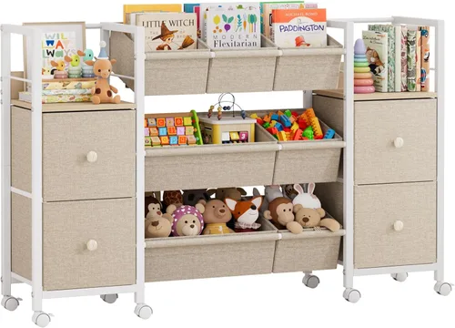 Miniatura 9 de Organizadores de juguetes y contenedores de almacenamiento para niños, 7 contenedores de almacenamiento + 4 cajones de tela + 2 estanterías