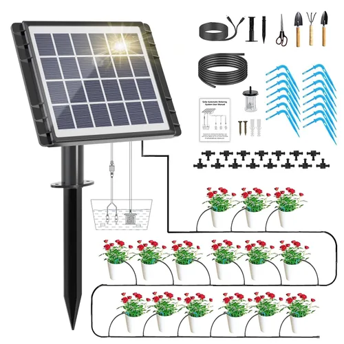 Miniatura 6 de Kit de accesorios de riego por goteo solar, tubo de 49 pies, kit de accesorios extra de riego por goteo, 15 adaptadores en T y 15 goteros