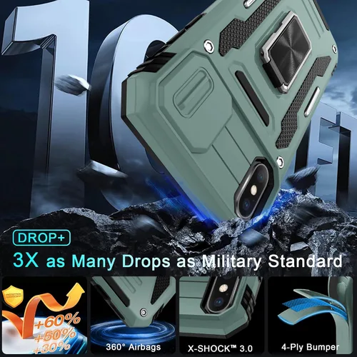 Miniatura 3 de DEERLAMN Funda para iPhone Xs Max con funda deslizante para cámara + protector de pantalla, soporte giratorio de anillo de grado militar a prueba