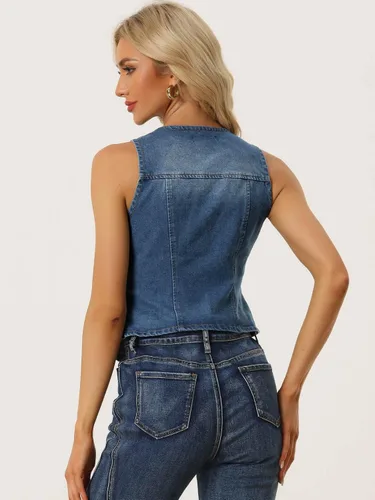 Miniatura 3 de Allegra K Chaleco de mezclilla para mujer, sin mangas, con cuello en V, lavado y desgastado
