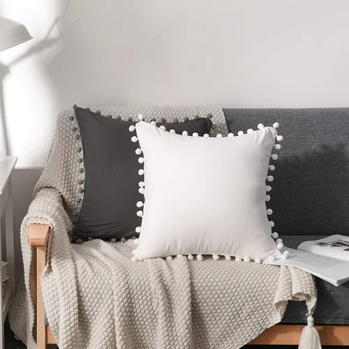 Miniatura 4 de Juego de 2 fundas de almohada decorativas con bonito pompones, funda de cojín cuadrada suave para decoración del hogar para sofá, cama