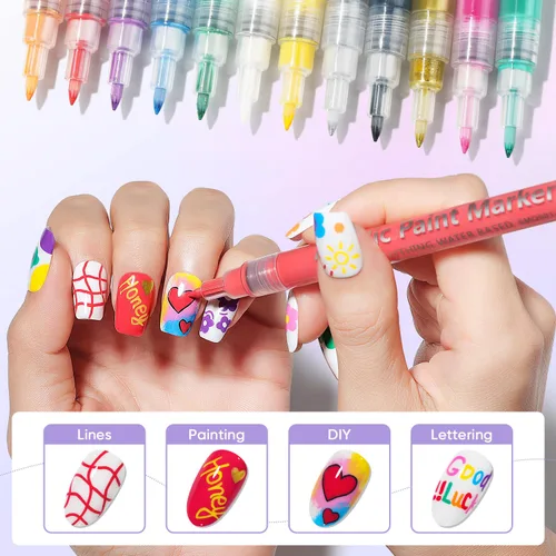 Miniatura 3 de AIMEILI Juego de bolígrafos de arte de uñas de 12 colores, bolígrafos de pintura acrílica de punta fina para salón y hogar, diseño de uñas, pincel