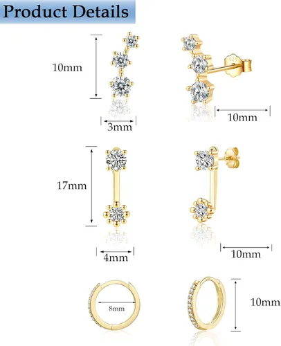 Miniatura 7 de Aretes de tuerca de plata de ley para mujeres y niñas, 3 pares de aretes de tuerca de cartílago pequeños, platadorado