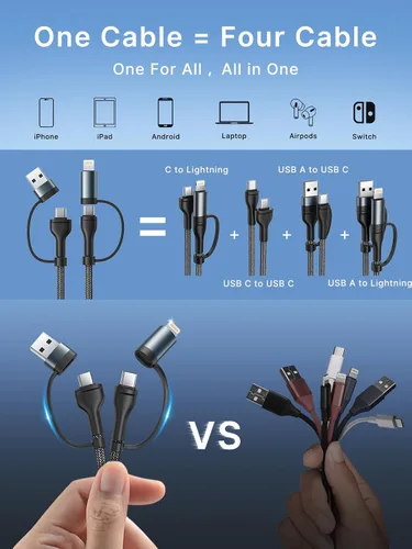 Miniatura 2 de Cable de carga 4 en 1, adaptador USB C Lightning USB C a USB C 60W PD [carga rápida y sincronización de datos] Cargador múltiple 4 en 1 para iPhone