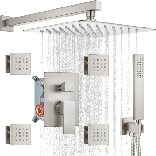 gotonovo Grifo de ducha con chorros de cuerpo completo, mezclador de lluvia, cabezal de ducha de lluvia de 12 pulgadas y rociador de mano, válvula