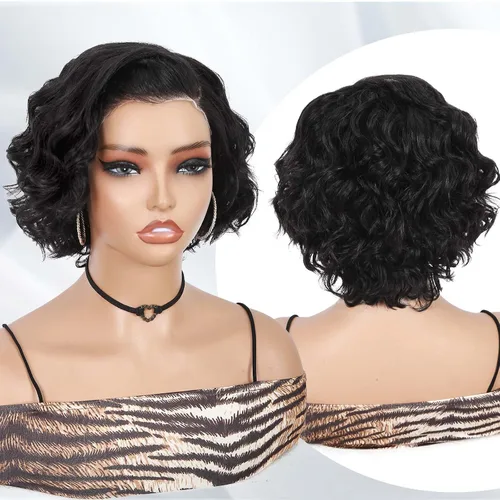 Miniatura 7 de WIGER Peluca de cabello humano rizado con corte precortado, corto y rizado, encaje frontal de 8 pulgadas, sin pegamento, encaje HD de 13 x 4