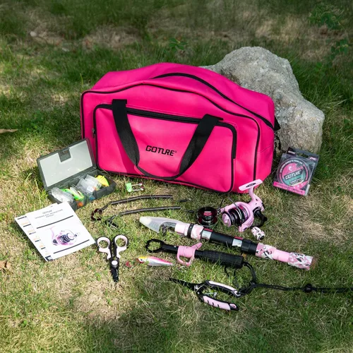 Miniatura 8 de Goture Combo de caña de pescar y carrete rosa - Carrete giratorio ML Action con bolsa rosa - Kit de caña telescópica para principiantes, viajes