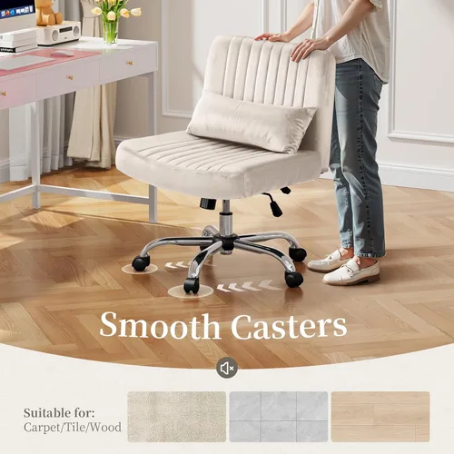 Miniatura 8 de Silla de oficina de terciopelo, silla cruzada de lujo con ruedas, cómoda silla de escritorio con patas cruzadas para oficina en casa, silla de Beige