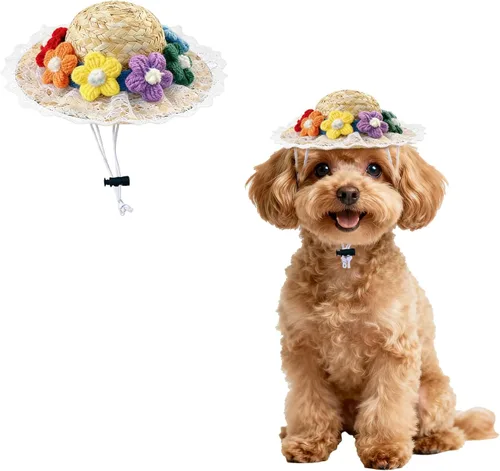 Miniatura 8 de NACOCO Sombrero de paja de girasol, hecho a mano, encantador, accesorio para fotografía de perros y gatos pequeños (S, gato rosa)