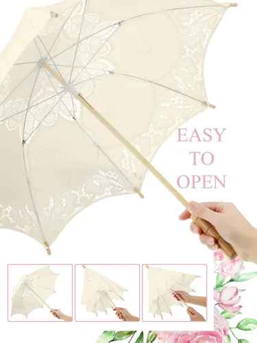 Miniatura 4 de Sombrilla de encaje de 6 piezas, sombrilla de encaje para boda, sombrilla de encaje vintage con asa para dama de honor, niña de las flores